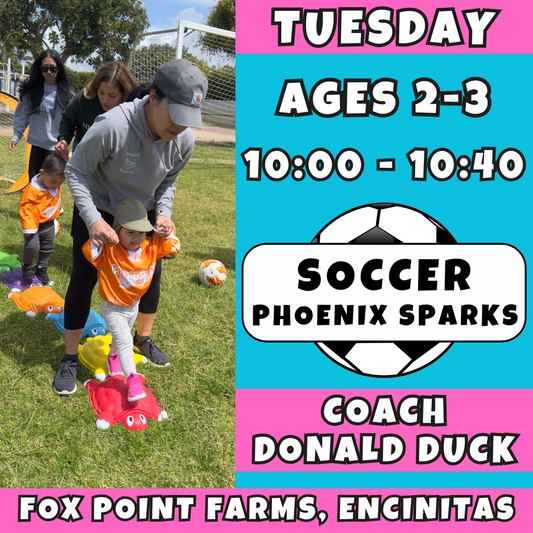 10/28 - 12/23 | Ages 2-3<br>Tuesday Toddler Soccer<br>Fox Point Farms, Encinitas<br>10 Total Spots