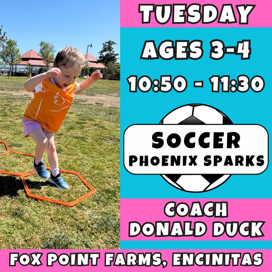 10/28 - 12/23 | Ages 3-4<br>Tuesday Kids Soccer<br>Fox Point Farms, Encinitas<br>10 Total Spots