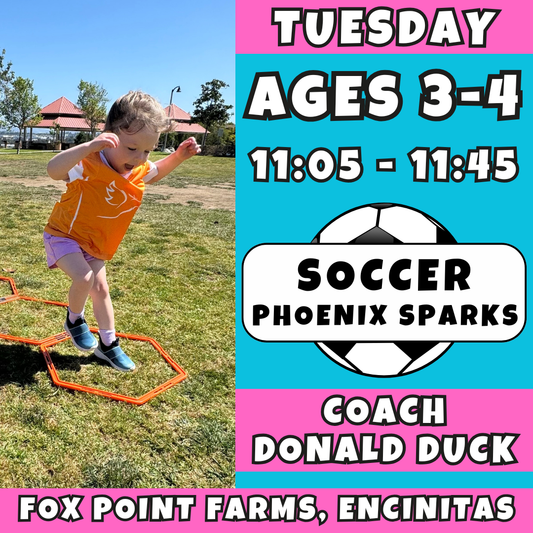 5/26 - 7/14 | Ages 3-4<br>Tuesday Kids Soccer<br>Fox Point Farms, Encinitas<br>10 Total Spots