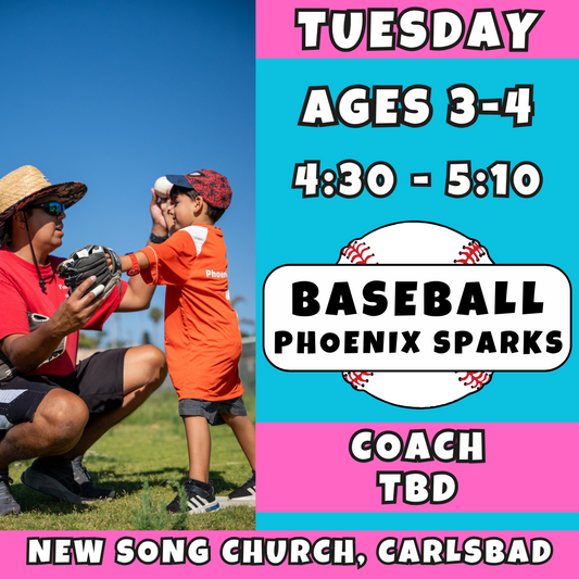 10/28 - 12/16 | Ages 3-4<br>Kids Baseball Training<br>New Song Church, Carlsbad<br>10 Total Spots