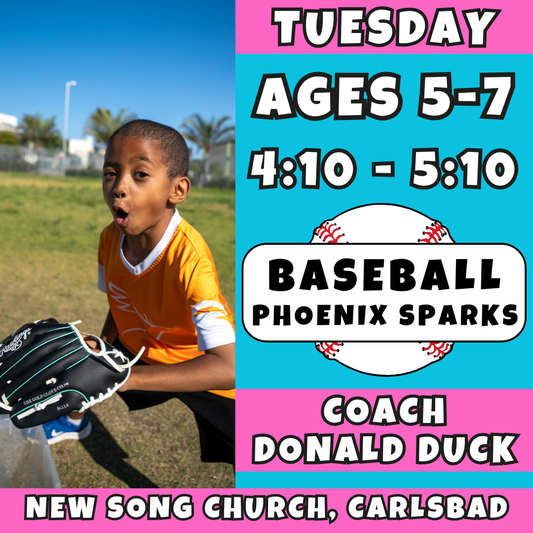 3/10 - 5/5 | Ages 5-7<br>Kids Baseball Tuesdays<br>New Song Church, Carlsbad<br>12 Total Spots