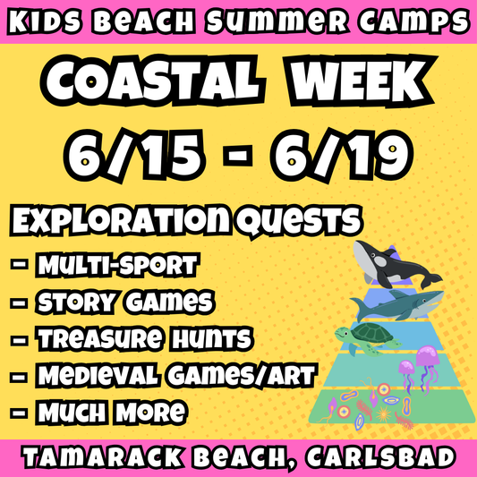 WK 1: 6/15 - 6/19 | 8:30 - 12:30 PM<br>Ages 3-7 | Mon - Fri<br>Beach Sports, Fitness, STEM, More<br>Tamarack Beach, Carlsbad<br>Separated Age Groups<br>24 Total Spots