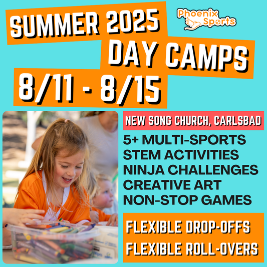 8/11 - 8/15 | 8:30 - 4:00<br>Ages 3-7 | Mon - Fri<br>STEM, Sports, Ninja Fitness<br>New Song Church, Carlsbad<br>Separated Age Groups