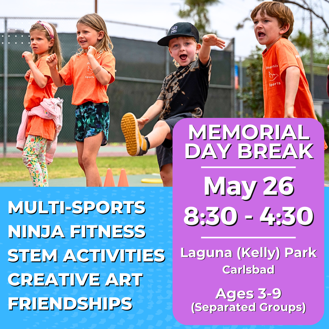 5/26 | Monday<br>8:30-4:30 PM | Ages 3-9<br>Sports, STEM, Ninja Fitness<br>Kelly Elementary Park, Carlsbad