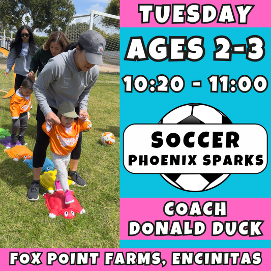 5/26 - 7/14 | Ages 2-3<br>Tuesday Toddler Soccer<br>Fox Point Farms, Encinitas<br>10 Total Spots