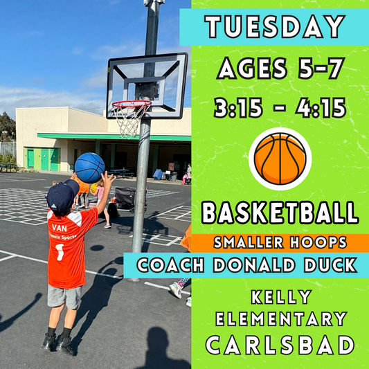 9/10 - 10/29 | Ages 5-7<br>Tuesday Kids Basketball<br>Kelly Elementary, Carlsbad