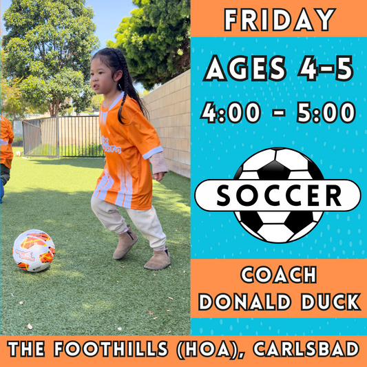 6/13 - 8/8 | Ages 4-5<br>Friday Kids Soccer<br>The Foothills (HOA), Carlsbad<br>Open to All<br>10 Total Spots