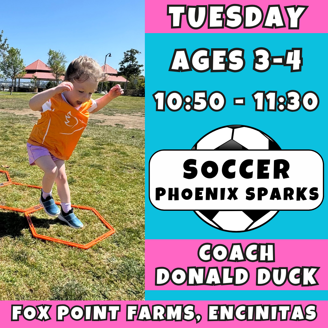 8/19 - 10/7 | Ages 3-4<br>Tuesday Kids Soccer<br>Fox Point Farms, Encinitas<br>10 Total Spots