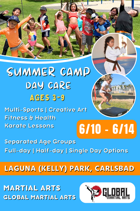 6/10 - 6/14 | Mon - Fri | 8:30 - 4:00<br>Multi-Sports, Art, and Martial Arts<br>Laguna (Kelly) Park, Carlsbad<br>Ages 3-9 | Separated Age Groups