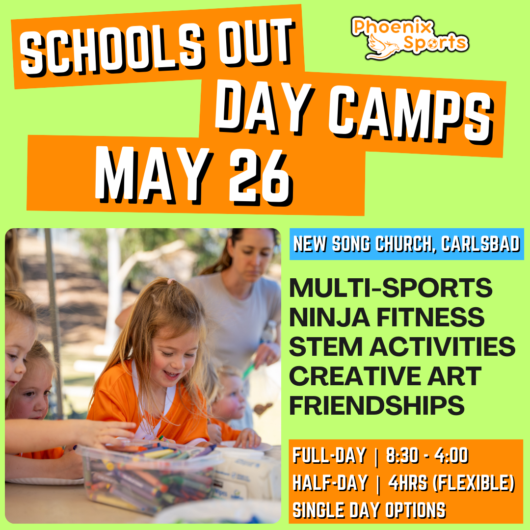 5/26 | Monday<br>8:30-4:00 PM | Ages 3-7<br>Sports, STEM, Ninja Fitness<br>Kelly Elementary Park, Carlsbad