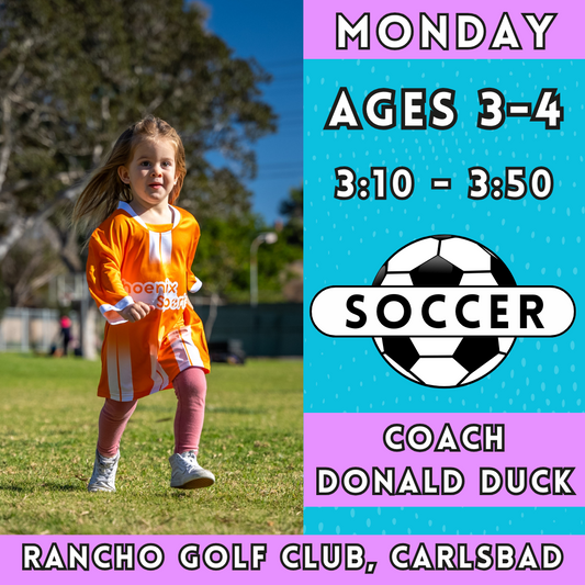 1/6 - 3/10 | Ages 3-4<br>Monday Kids Soccer<br>Rancho Club Golf Course, Carlsbad