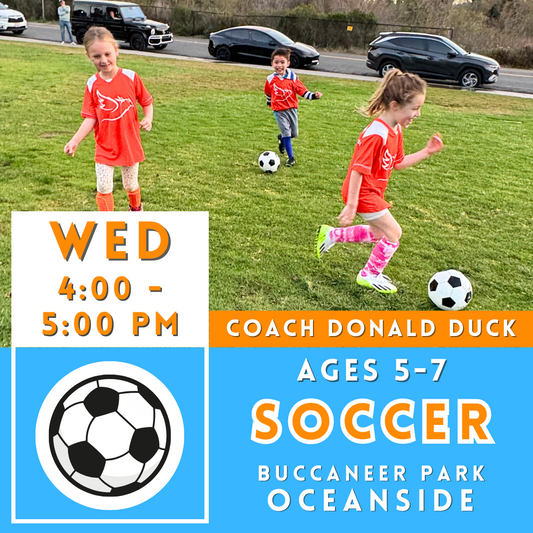 5/1 - 6/19 | Ages 5-7<br>Buccaneer Park, Oceanside<br>8 Wednesday Kids Soccer Camps