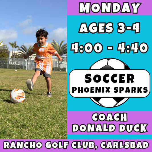 8/11 - 10/6 | Ages 3-4<br>Monday Kids Soccer<br>Rancho Club Golf Course, Carlsbad<br>10 Total Spots