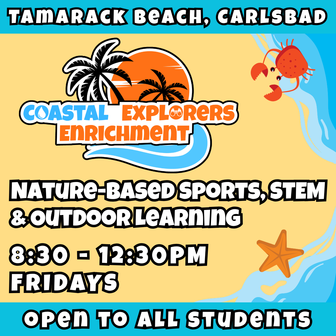 Beach Enrichment | Ages 3-9<br>10/10 - 12/19 (10 weeks)<br>Coastal Explorers Enrichment<br>Tamarack Beach, Carlsbad<br>12 Total Spots