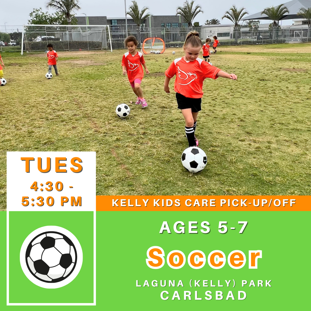 *CLOSED | Ages 5-7<br>Laguna (Kelly) Park, Carlsbad<br>7 Tuesday Kids Soccer Camps