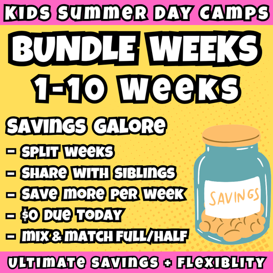 BUNDLE SAVINGS | 8:30 - 3:30<br>Ages 3-7 | Mon - Fri<br>Kids Summer Camps<br>New Song Church, Carlsbad<br>Separated Age Groups
