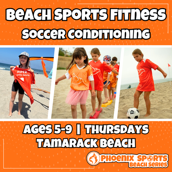 Youth beach soccer conditioning and skill training at Tamarack Beach.