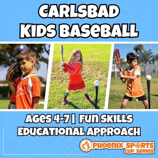 Kids t-ball and baseball classes in Carlsbad for ages 4 to 7 focusing on hitting and fundamental fielding.