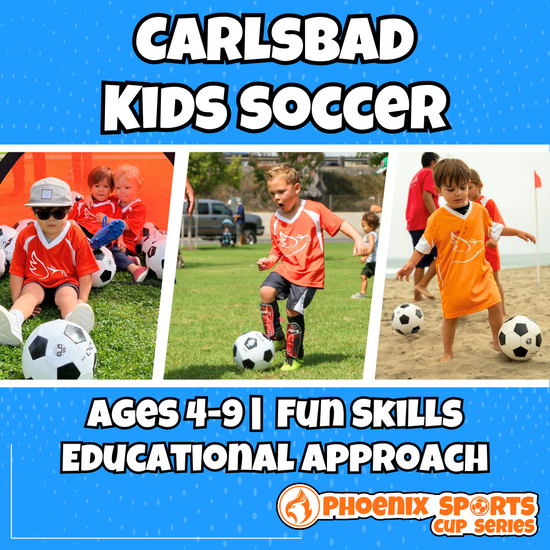 Youth soccer training in Carlsbad for ages 4 to 9 featuring technical footwork and team scrimmages.