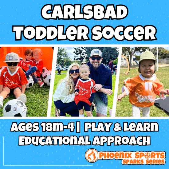 Toddler soccer classes in Carlsbad for ages 18 months to 4 years old focusing on motor skills and play.